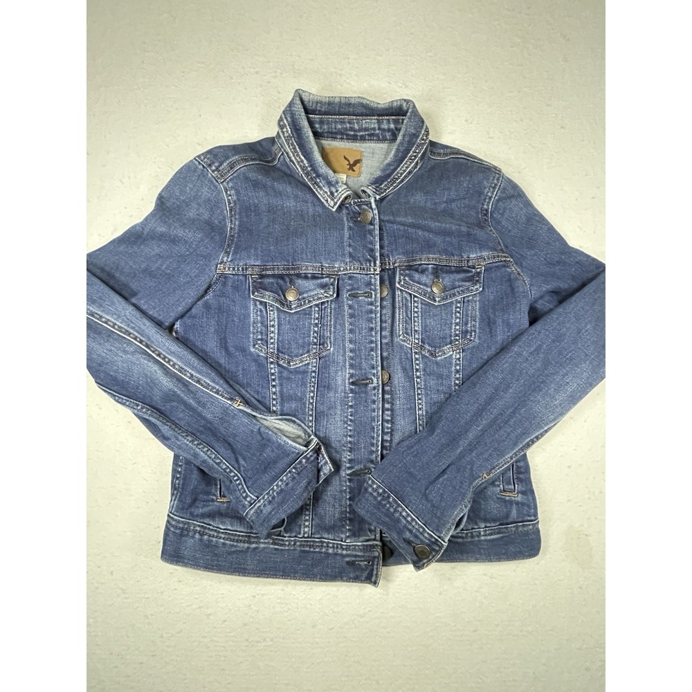 Vintage Y2K American Eagle Denim Jacket Womens M Blue Trucker Leather Patch